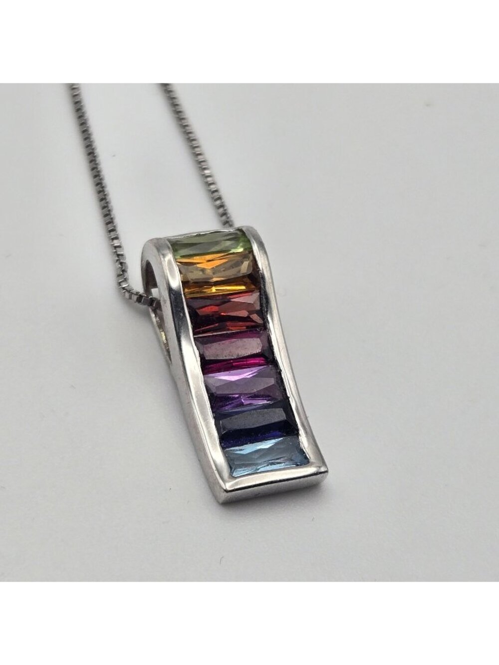Sterling Silver Rainbow Gemstone Pendant Necklace 925 Box Chain Elegant Design